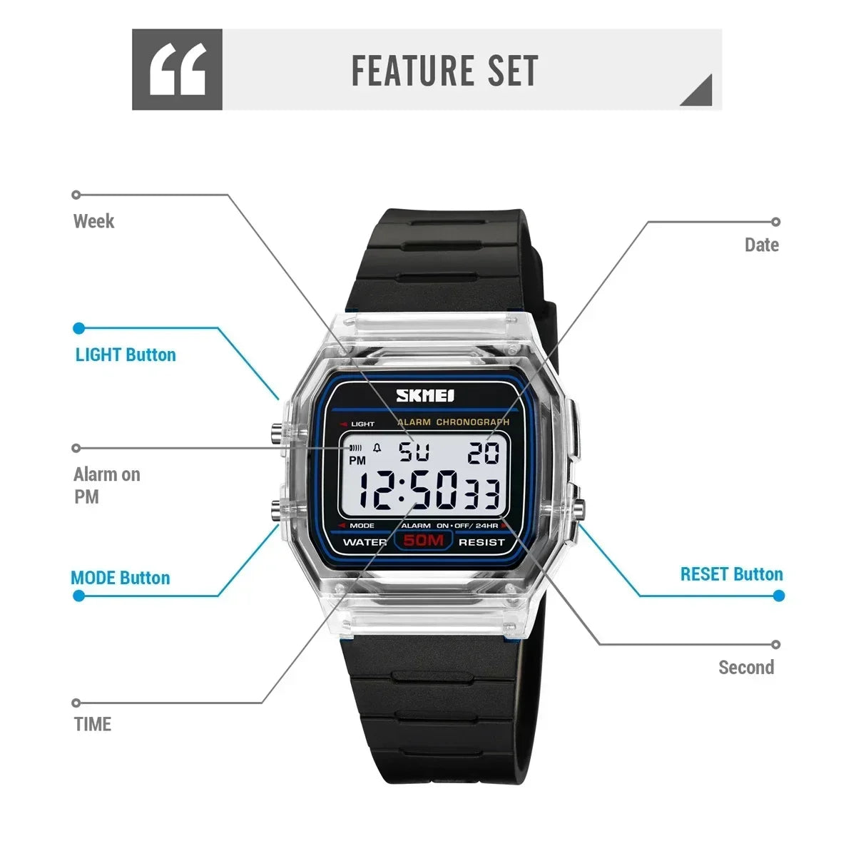 Montre digitale SKMEI 2056 – Style, robustesse et fonctionnalités