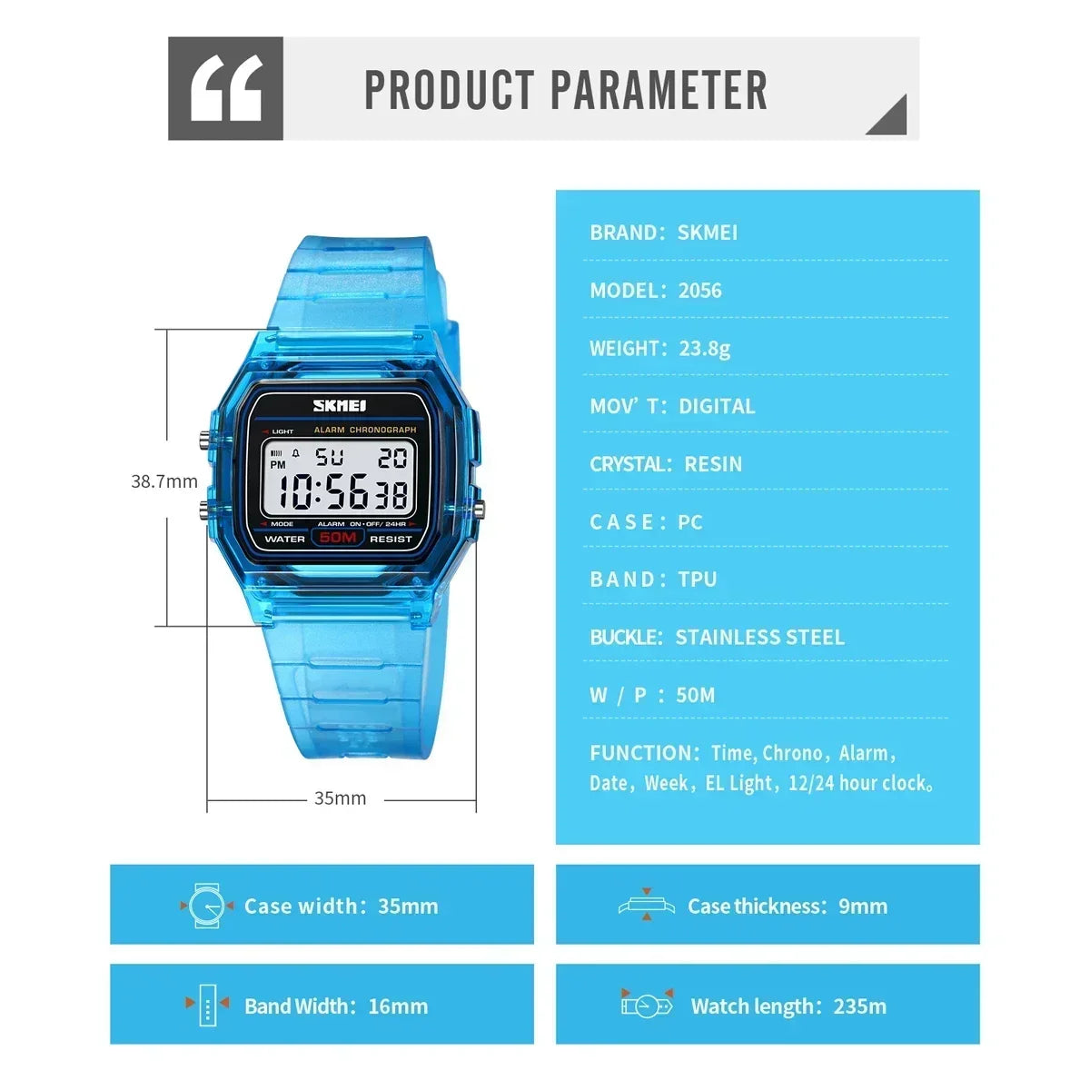 Montre digitale SKMEI 2056 – Style, robustesse et fonctionnalités
